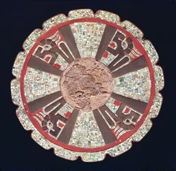 Teotezcacuitiapili, Gürtelverschluss, getragen von Würdenträgern, darstellend die vier Feuerschlangen, aus El Castillo, Chitchen Itza, Yucatan, 987-1185